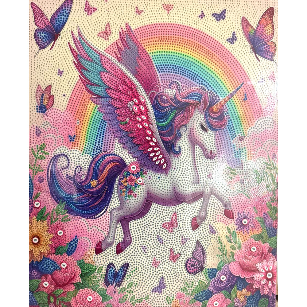 Tapiserie cu diamante 40x50 cm, diamante rotunde, înfășurare completă cu ramă - Unicorn Curcubeu XQYX86086