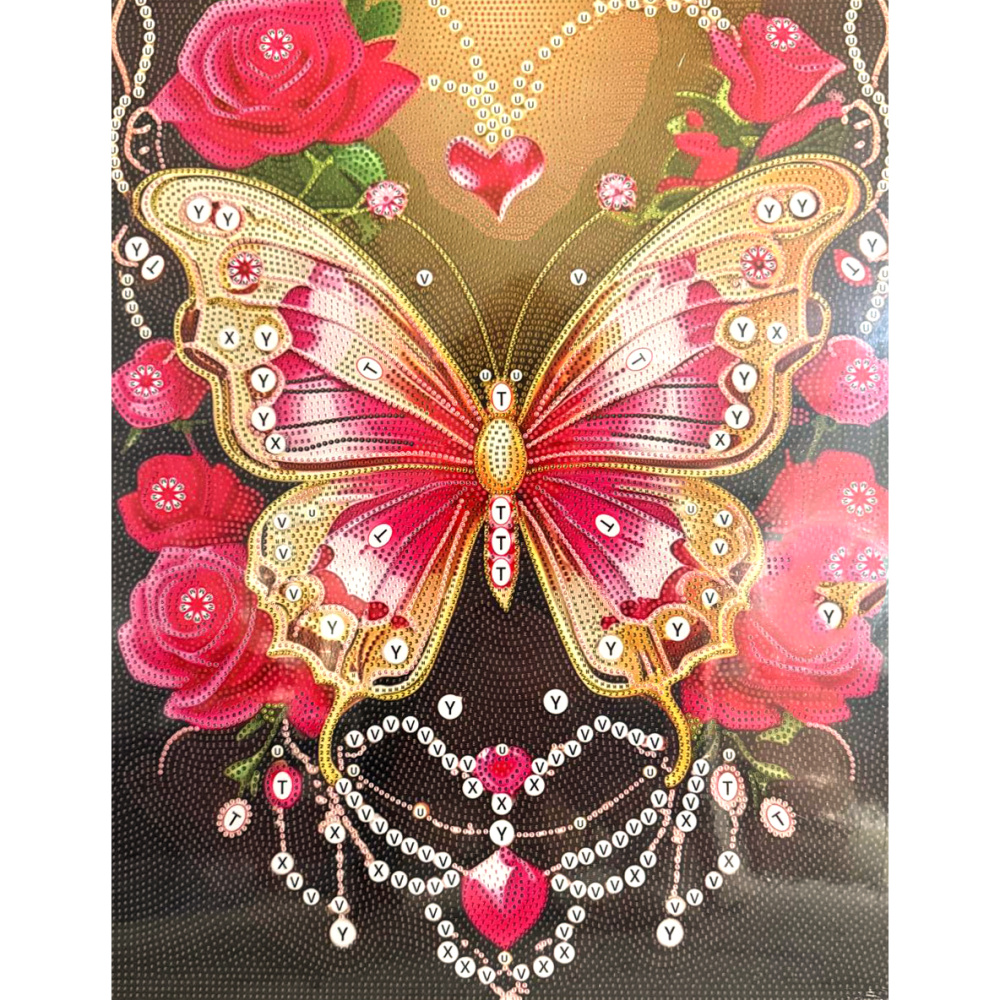 Tapiserie cu diamante 40x50 cm, diamante rotunde, înfășurare completă cu ramă - Inimă fluture BYX4536