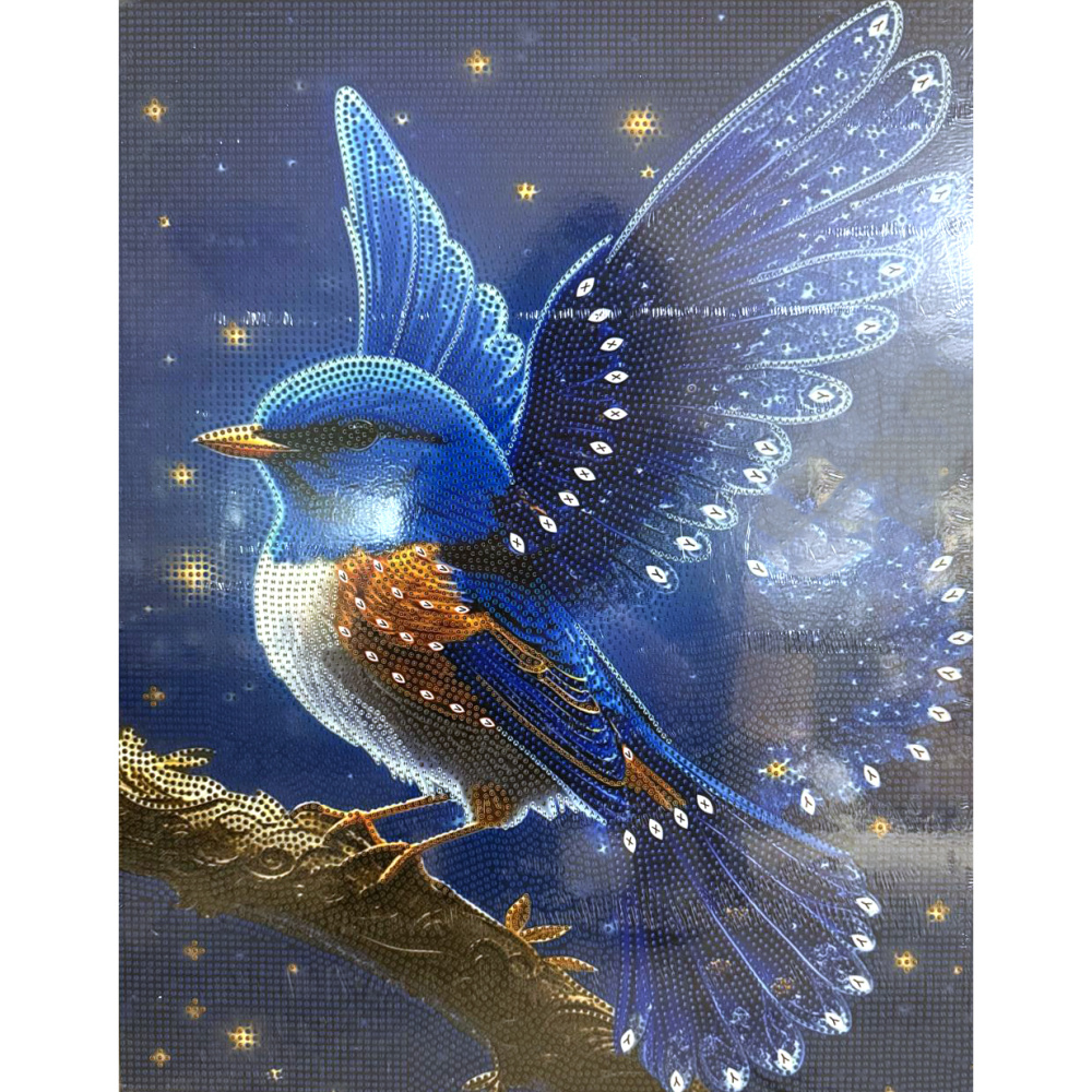 Tapiserie cu diamante 40x50 cm, diamante rotunde, înfășurare completă cu ramă - Pasărea Albastră Secretă BYX4512