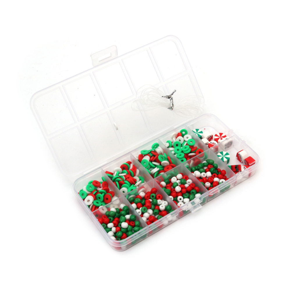 Creative Bead Jewelry Making Kit In Box With Silicone Elastic – White, Green, Red Colors