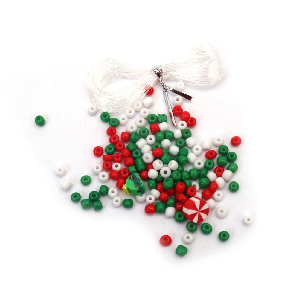 Творчески комплект мъниста в бурканче за изработка на бижута със силиконов ластик  цвят бяло,зелено,червено