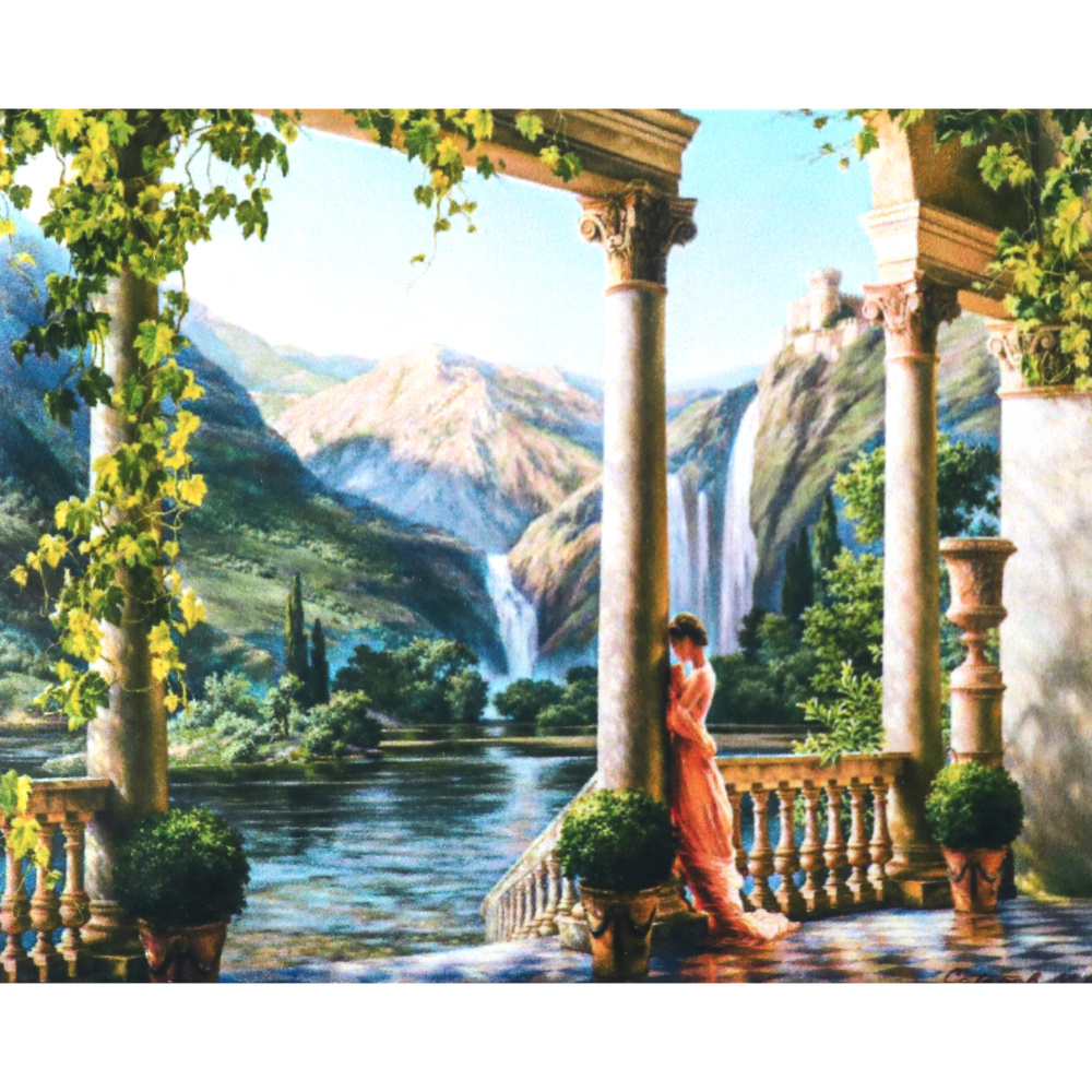 Диамантен гоблен 5D 30x40 см кръгли диаманти пълно облепяне - Момиче пред водопада GLD62444