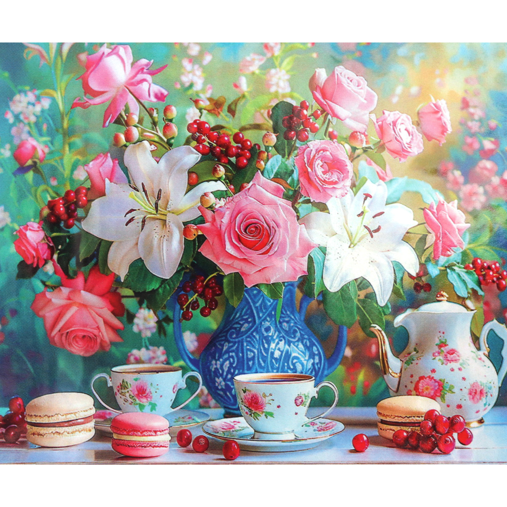 Диамантен гоблен 40x50 см кръгли диаманти пълно облепяне с рамка - Натюрморт с рози и лилии GLE79530