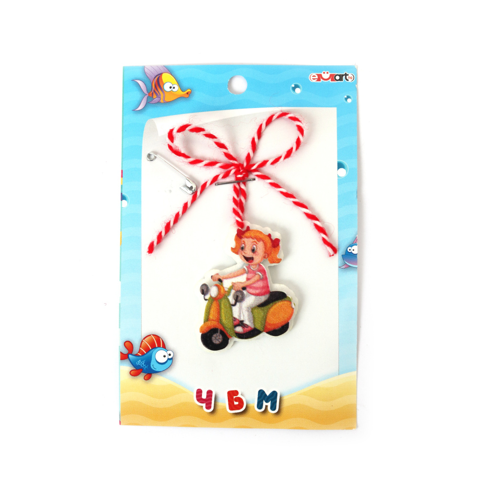 Fată Martisor cu motocicletă din fetru și lemn