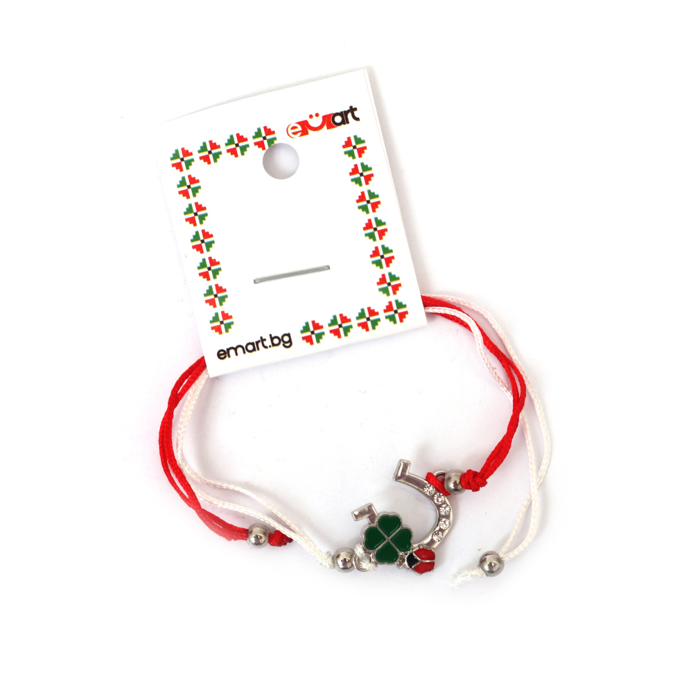 Brățară Martisor  din șnur cu potcoavă, trifoi și buburuză