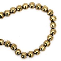 Glass beads strands for jewelry making, shiny balls 8 mm hole 1 mm color old gold ~ 42 pieces