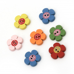 Painted Wooden Flower Button /  19x4 mm / Holes: 2 mm / MIX - 10 pieces