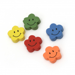 Painted Wooden Flower Bead / Smiley Face / 20x6 mm, Hole: 3 mm / MIX - 10 pieces