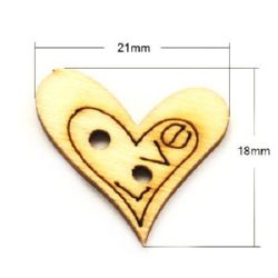 Heart wooden button 18x21x2 mm hole 2 mm - 20 pieces