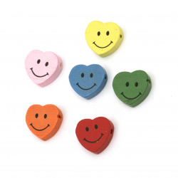 Natural Wooden Beads, Smiling Heart, Dyed, Assorted colors 16x18x6 mm - 10 pieces