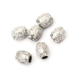 Margele forma cilindru filet argintiu 9x6 mm gaură 3 mm alb -50 grame ~ 250 buc