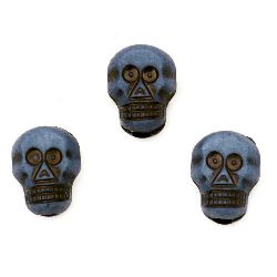 Halloween Plastic Skull Beads, Blue with Gold Elements, 9 mm, 50 grams