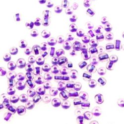 Glass Transparent Shining Seed Beads with Purple Line, 4 mm, 50 grams