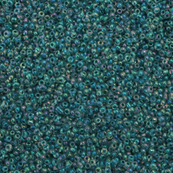 Glass Transparent Round Seed Beads, Blue-green Color with Rainbow Line inside, 2 mm, 50 grams