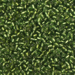 Γυάλινες χάντρες  seed 4 mm ασημένια με βασή πράσινο 1 -50 γραμμάρια