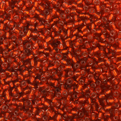 Γυάλινες χάντρες  seed  4 mm ασημένιες με βασή σκούρο πορτοκαλί -50 γραμμάρια