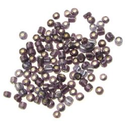 Γυάλινες χάντρες   seed  4 mm ασημένιες με βασή σκούρο μωβ -50 γραμμάρια