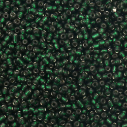 Γυάλινες χάντρες   seed 4 mm ασημίνιες με βασή σκούρο πράσινο -50 γραμμάρια