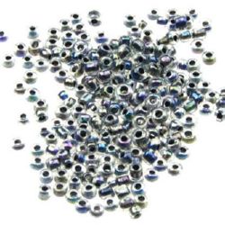 Glass beads, 2mm, clear, with black rainbow thread - 50 grams