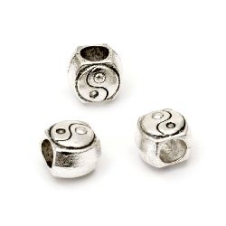 Metal bead with engraved ying yang sign 9x10x8 mm hole 5 mm color silver - 5 pieces