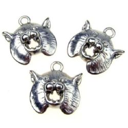 Metal charm in shape of cat's face 20x19x5 mm hole 2 mm color white - 5 pieces