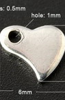 Glossy steel pendant, heart shaped 6x5.5x0.5 hole 1 mm color silver - 5 pieces