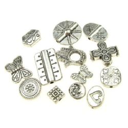 Μεταλλικές χάντρες ASSORTMENT SHAPES 8 ~ 15x5.5 ~ 10x3 ~ 4mm τρυπα 1 ~ 2mm χρώμα ασήμι -20 γραμμαρια