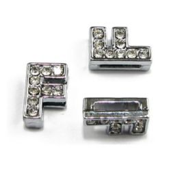 Jewelry metal element letter F for stringing metal with rhinestones  hole 8 mm