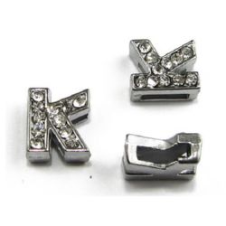 Metal element in the shape of letter K for stringing with rhinestones hole 8 mm