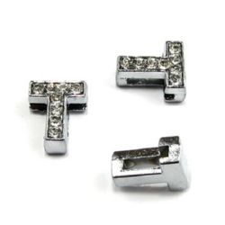 Letter T, metal bead for stringing with tiny crystals for handmade accessories hole 8 mm