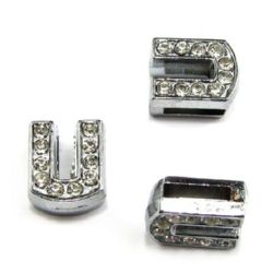 Letter U, metal component with small crystals for craft jewelry making hole 8 mm