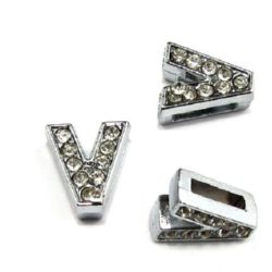 V letter metal bead with small crystals for jewelry making hole 8 mm