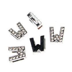 W letter for stringing,  metal element with dazzling crystals hole 8 mm