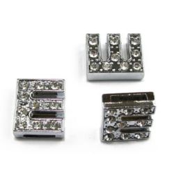 Metal Slide Charms Letter "E" with Crystals, Silver, Hole: 8 mm