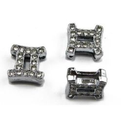 Gemini zodiac sign for stringing with small crystal metal bead 11 mm, hole 8 mm