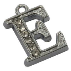 Metal pendant with crystals letter E 15x10.5x2.5 mm hole 1.5 mm silver