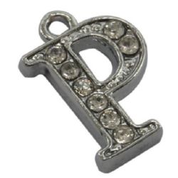 Metal pendant with crystals letter P 15x9.5x2.5 mm hole 1.5 mm silver