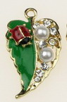 Pendant metal leaf with pearls, crystals and ladybug 33x18 mm hole 2 mm color gold - 2 pieces