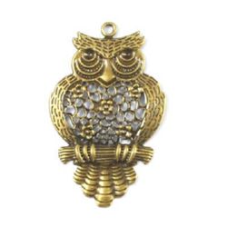 Metal owl shaped pendant for vintage jewelry making 67x42x1 mm hole 3 mm gold color - 5 pieces