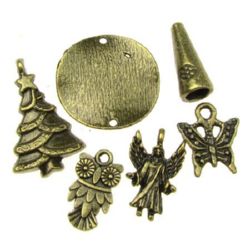 Metal pendants, assorted forms and sizes 15.5~ 43x7~ 32x1.5~4 mm hole 1-4 mm color antique bronze - 20 grams