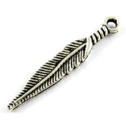 Jewelry findings - metal pendant feather shape 29x5x2 mm hole 2 mm color silver - 20 pieces