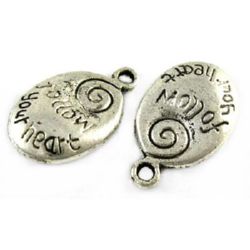 Metal oval medallion with engraved inscription  "Follow your heart" 20x12.5x5 mm hole 2 mm color silver - 2 pieces