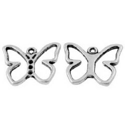 Metal butterfly bead, openwork pendant 16x19x1.8 mm hole 1 mm color silver - 2 pieces