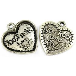 Pendant metal heart  shape with inscription "You rock and roll" 31x29x4 mm hole 3 mm color silver - 2 pieces
