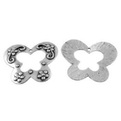 Metal pendant, flat  butterfly shaped jewelry component 44x61x1.5 mm hole 2.5 mm color silver - 2 pieces