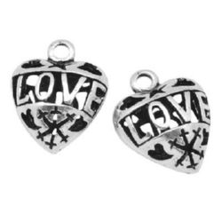 Metal heart pendant with lettering "Love" 19x15x8 mm hole 2 mm zinc, color silver - 2 pieces