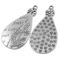 Metal Pendant in the Shape of a Drop / AMOUR,14x10x2 mm, Hole: 2 mm, Tibetan Silver, 2 pieces