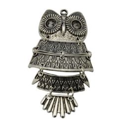 Metal owl shape, jewelry dangle element with embossed ornaments 20x48x4 mm hole 2 mm silver
