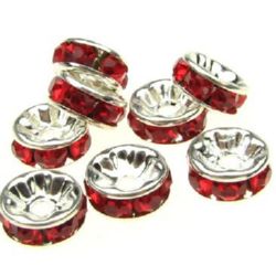 Metal Washer Spacer Bead with Red Crystals (quality A), 8x3.5 mm, Silver -10 pieces