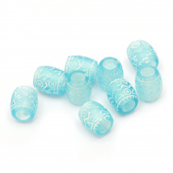 Plastic Frosted Cylinder Beads, 9x7.5 mm, Hole: 3.5 mm, Blue with White -20 grams ~ 65 pieces